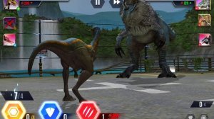 Сражения и победа, у меня выводится Одноглазый Аллозавр, « Я играю в Jurassic world the Game »