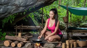 30 дней выживания в джунглях: ловля рыбы и приготовление еды под гигантским камнем.