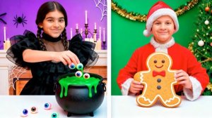 БИТВА ПРАЗДНИКОВ 🎄🎃 Санта и Уэнсдей делают смешной челлендж!