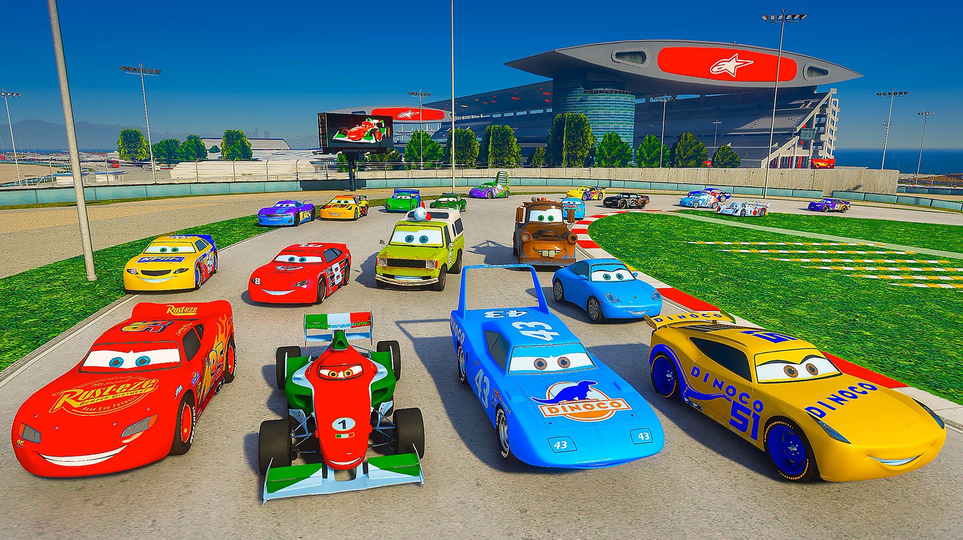 Гонка МакКуин , Кинг, Чик Хикс, Круз Рамирез, Джексон Шторм и друзья на трассе Формула 1 в Шанхае