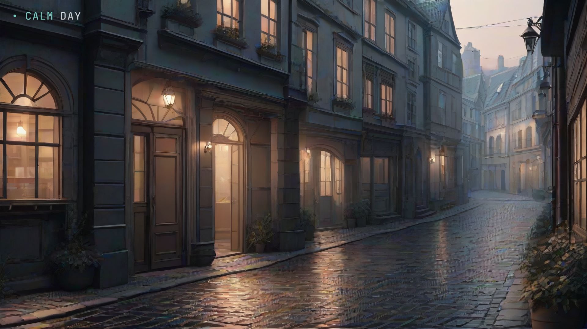 Мокрый булыжник улица — ночная городская анимация