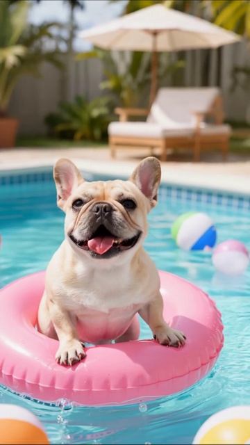 Собака-котенок отдыхает на надувном круге в бассейне #питомцы #лето #собака
