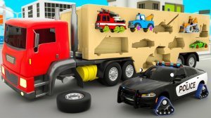 Пожарная машина, бульдозер, полицейская машина и другие транспортные средства с интересными колёсами