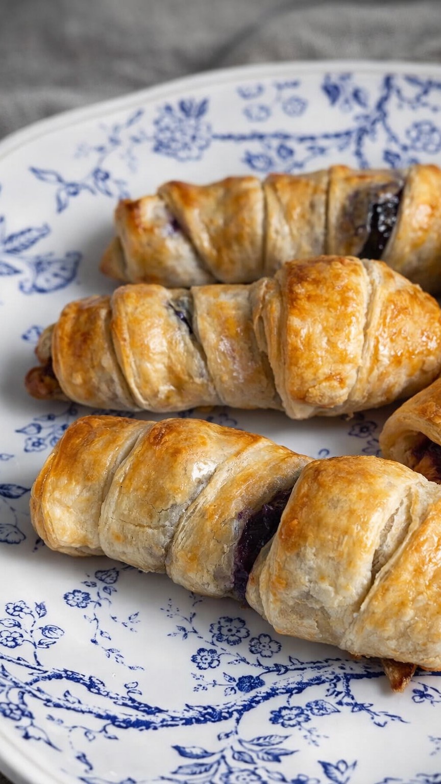 Бананы в слоеном тесте с арахисовой пастой и голубикой