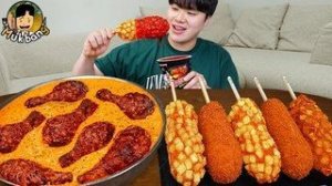 АСМР МУКБАНГ Хрустящая жареная курица, острая лапша, Хрустящий хот-дог рецепт !