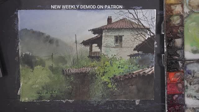 Как нарисовать деревенский дом в окружении пышной зелени. Мастер-класс по акварели