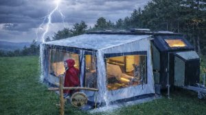 Внедорожный кемпинг на караване во время грозы и ливня.