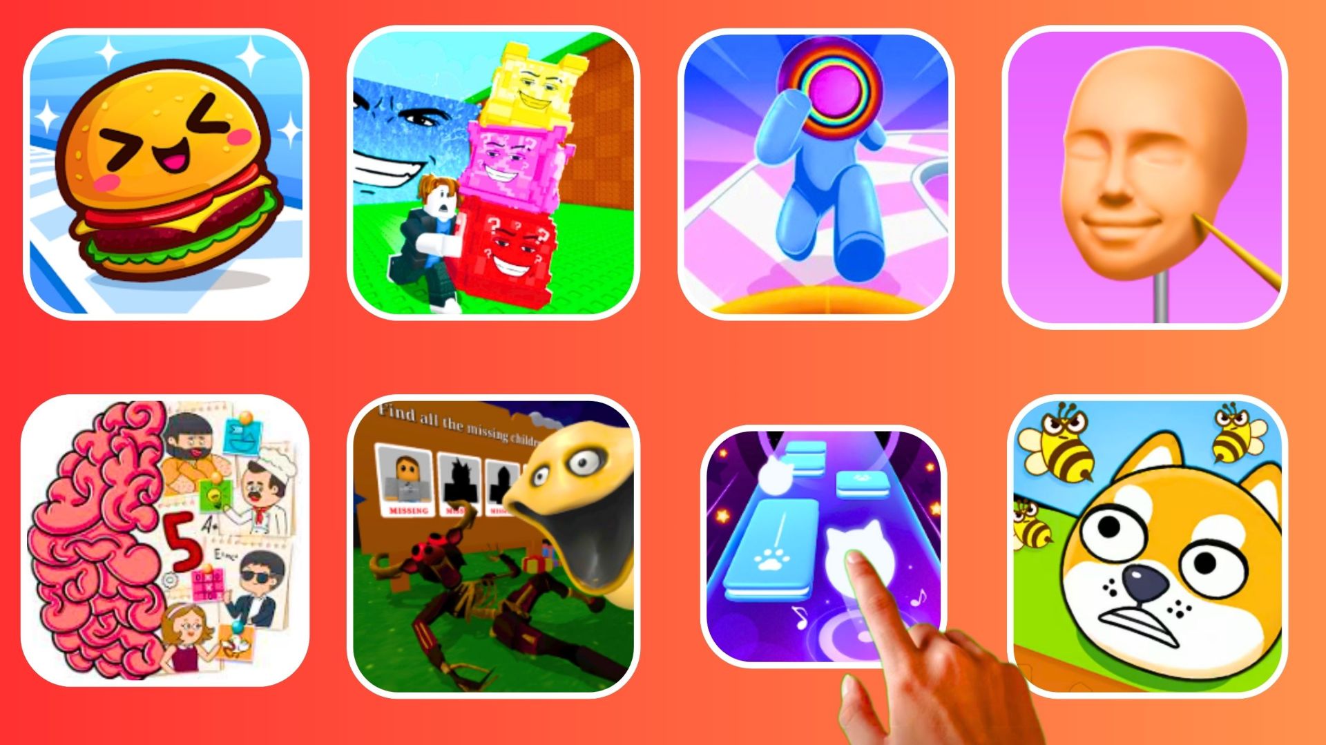 Food Run,Steal The MemeRot,LAYER MAN,Sculpt People,Brain Test 5,Night Survive In Haunt,Dancing Cats