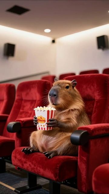 Капибара в кино: попкорн и веселое ожидание фильма #капибара #кино #юмор