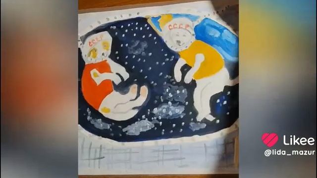 Рисунок на тему космос. Белка и Стрелка в космосе. Буду рада вашей подписке.