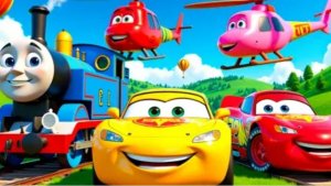 Гонки, тачки, Молния Маккуин, Бигфут, вертолет. Играют вместе