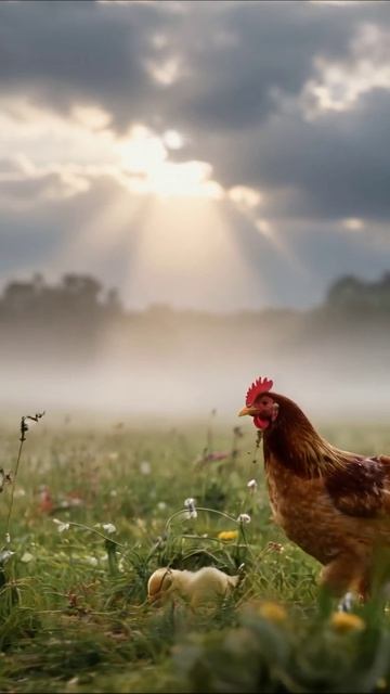 Мать-курица и её цыплёнок на закате #природа #животные #курицы