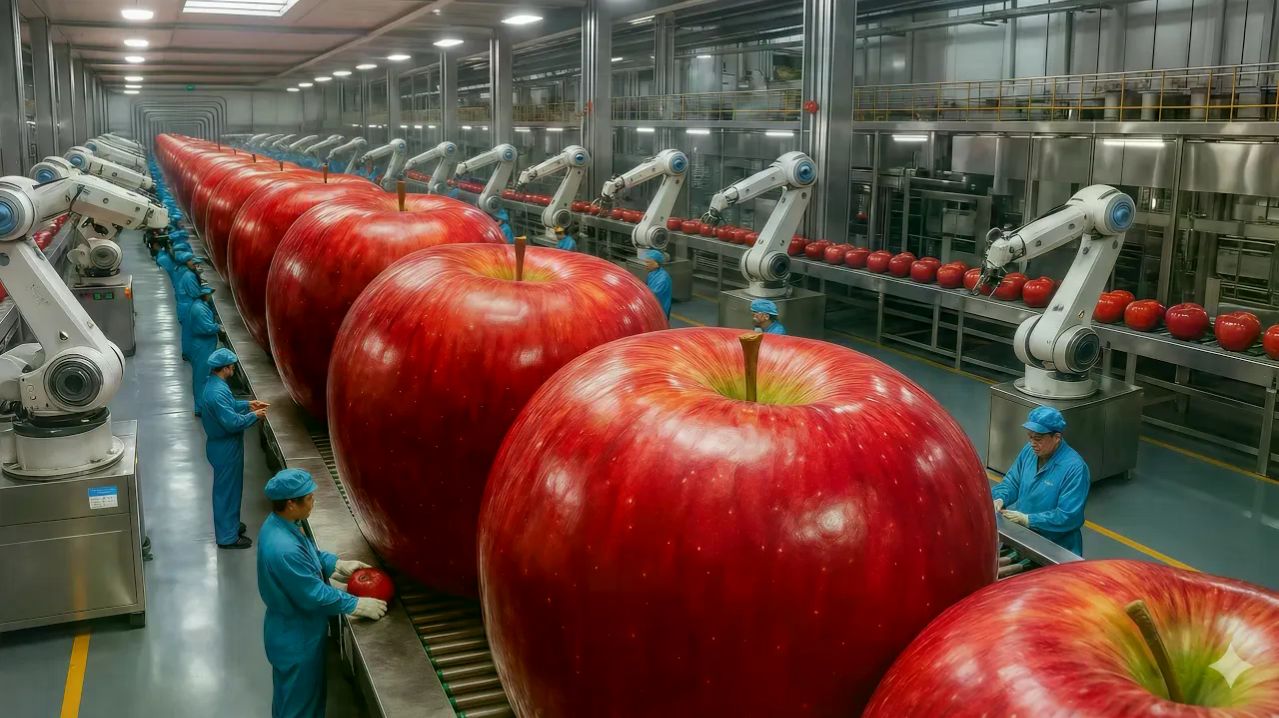 Завод по производству яблочного сока. Залипательное ИИ видео