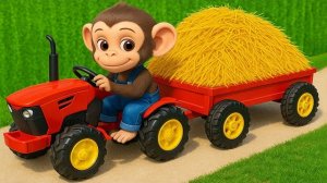 Обезьяна собирает солому с помощью трактора и кормит коров — Обезьянья ферма