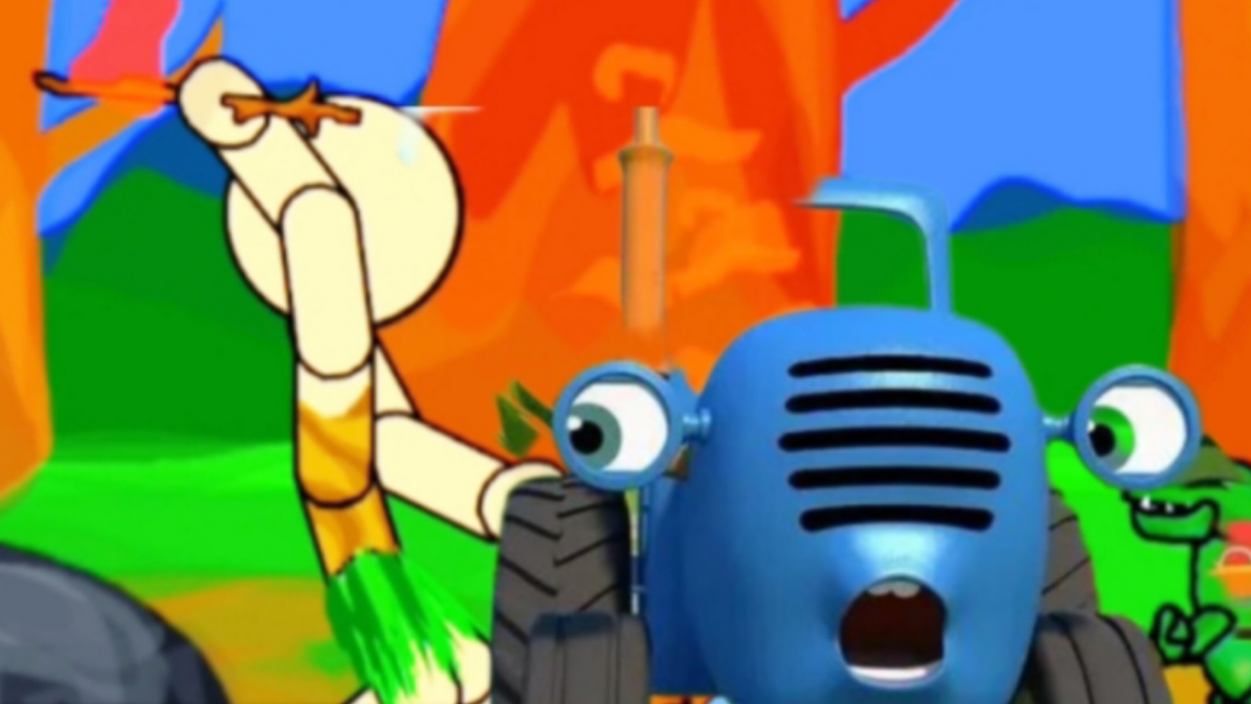 синий трактор выехал на природу с друзьями