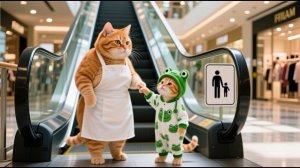 РЫЖИЙ КОТЁНОК ПЫТАЕТСЯ САМ ПОЛЬЗОВАТЬСЯ ЭСКАЛАТОРОМ — МАМА-КОШКА УЧИТ ЕГО ПРАВИЛАМ БЕЗОПАСНОСТИ