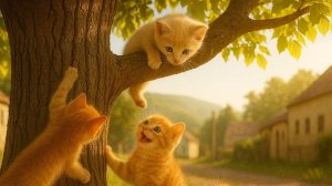 Котёнок застрял на дереве. Мама-кошка помогает ему слезть