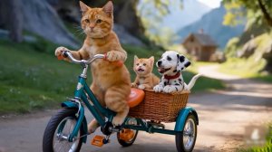 😹Мама кошечка везёт на велосипеде своего маленького котёночка и их ушастого друга🔥