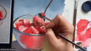 Гуашь. Стекло и арбузные кубики