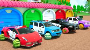 Разноцветные полицейские машины выезжают из гаража с новыми и необычными колёсами мультик для детей