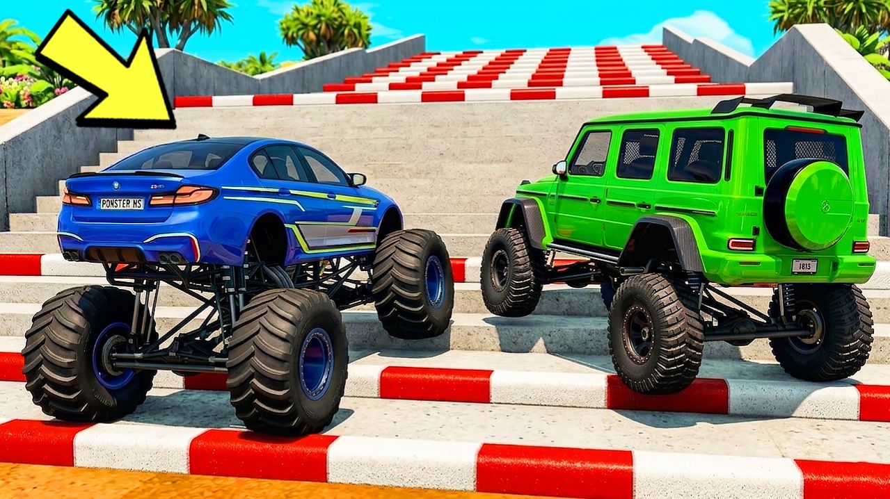 КАКОЙ ЧИТ МОНСТР ТРАК ЗАЕДЕТ ВЫШЕ ПО СТУПЕНЬКАМ ЛЕСТНИЦЫ В BEAMNG DRIVE!