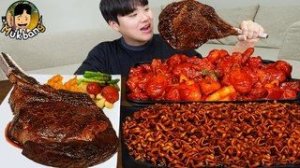 АСМР МУКБАНГ Жареный цыпленок, Свиная котлета, лапша с черной фасолью, кимчи Корейская еда