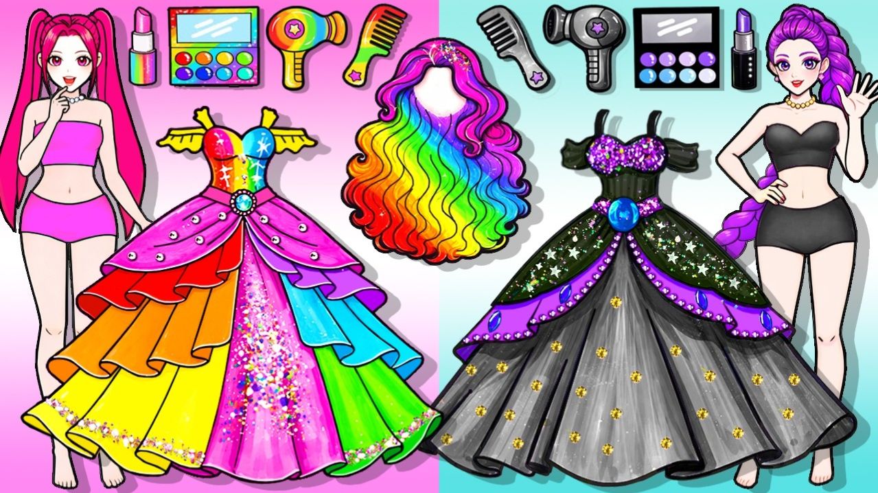 Радуга против Черного🌈Хантрикс РУМИ МИРА Цветные волосы, макияж, наряды Набор для моды