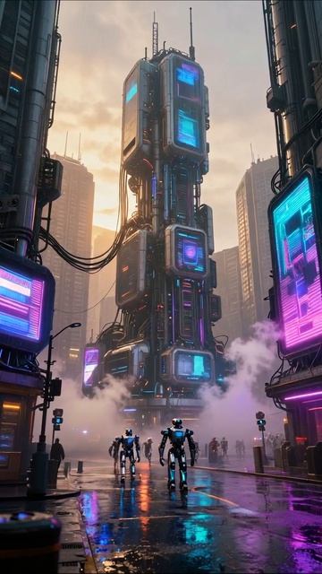 Будущее в мегаполисе: роботы и технологии #киберпанк #роботы #технологии