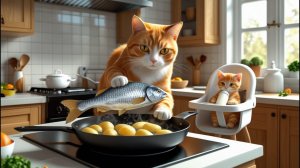 Хлопотный день мамы-кошки: От реки до кухни, всё ради улыбки её котёнка 🐟🍳🍼💤