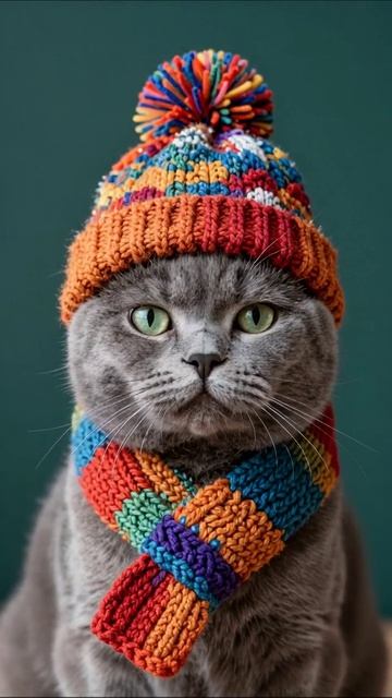 Модный кот в стильной шапке и шарфе #кот #мода #приколы