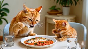 😹Мама кошечка со своим маленьким сыночком едят вкусную рыбку в томатном соусе🔥