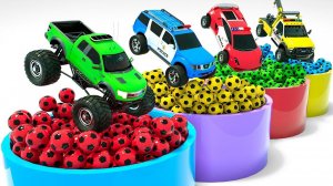 Разноцветные полицейские машины перепрыгивают через разноцветные шары и меняют цвет мульт для детей