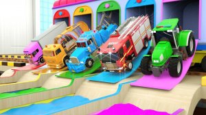 Тракторы и грузовики в раскраске - Поезд, перевозящий транспортные средства для детей