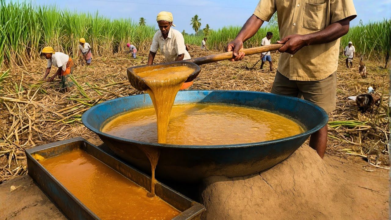 🍿 Как готовится Джаггери  Сбор и варка органического сахарного тростника в деревне. Индийская еда.