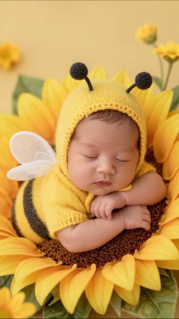Милый малыш в костюме пчелки среди подсолнухов #младенец #фотосессия #красота