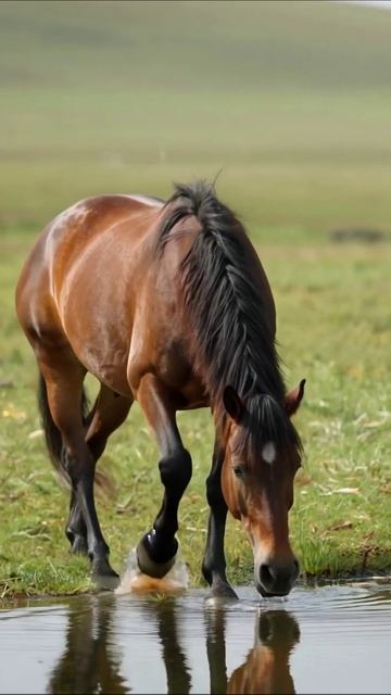 Пони напивается в спокойном водоеме #лошади #природа #дикаяприрода
