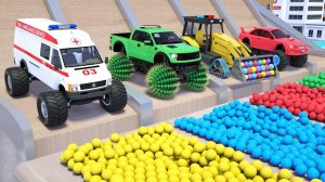 Скорая помощь и внедорожник, самосвал, бульдозер, шины для сборки — мультфильм про грузовики