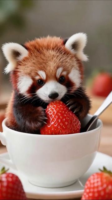 Очаровательная красная панда с клубникой #панды #животные #милота