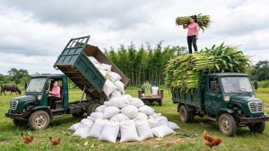 Перевожу кукурузные стебли, бананы и навоз на продажу местным. Продала старый мопед. Хуан Ли