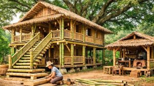 Девушка построила своими руками простенькую бамбуковую хижину в лесу. Бушкрафт