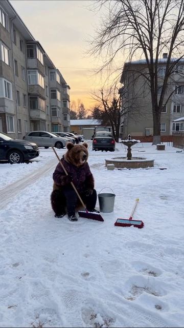 Медведь убирает снег: забавный зимний день!