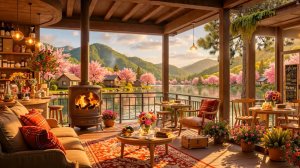 Весна у озера 🌸🔥 Уютная веранда с камином, кофе и джазом для расслабления