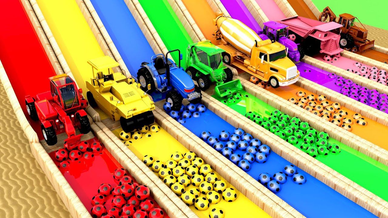 Учим цвета с помощью монстр-траков и строительной техники в волшебном бассейне с горками для детей!