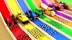 Учим цвета с помощью монстр-траков и строительной техники в волшебном бассейне с горками для детей!