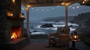 Уютная атмосфера камина на веранде | Потрескивание огня и шум морских волн