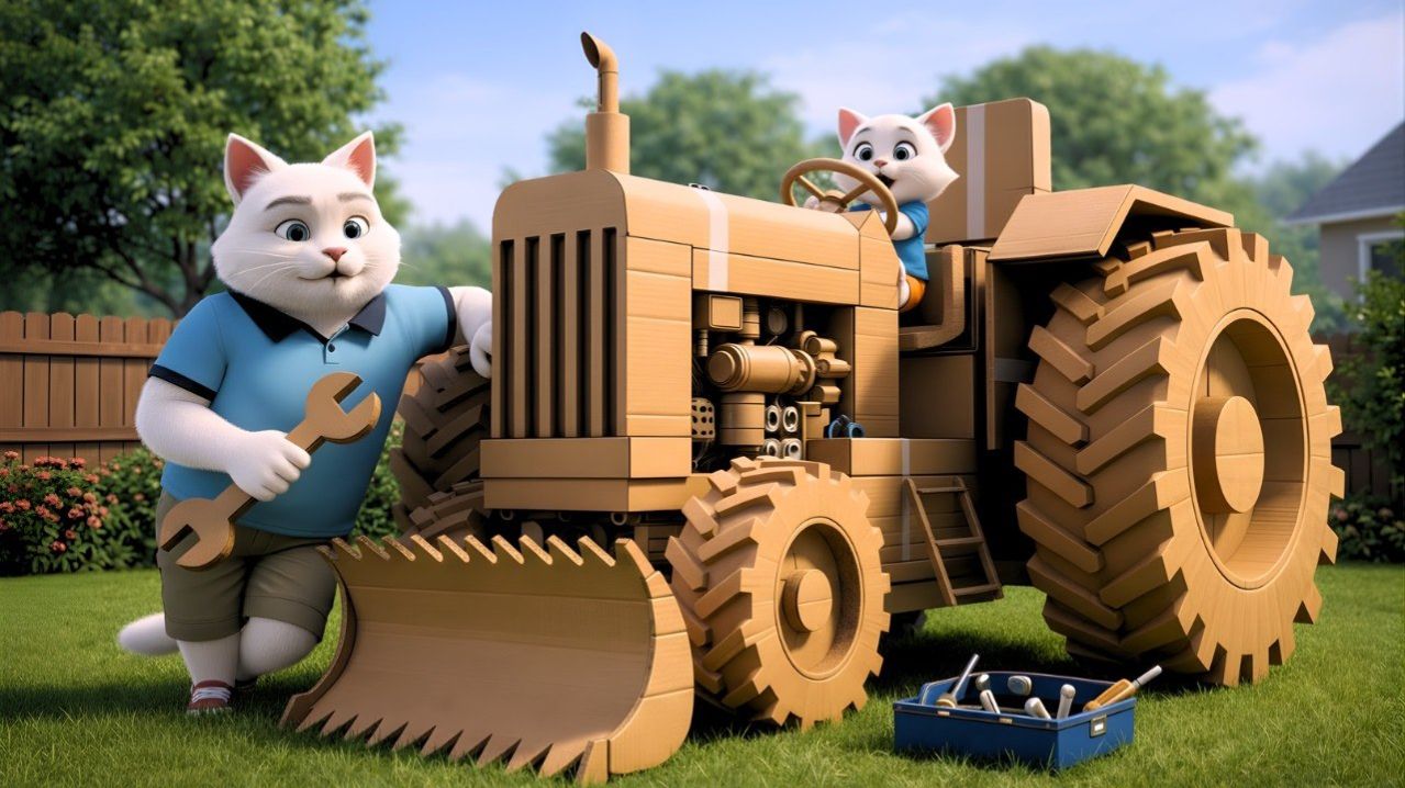 Папа-кот собственноручно строит для котёнка гигантский бульдозер – концовка удивит всех! 😲