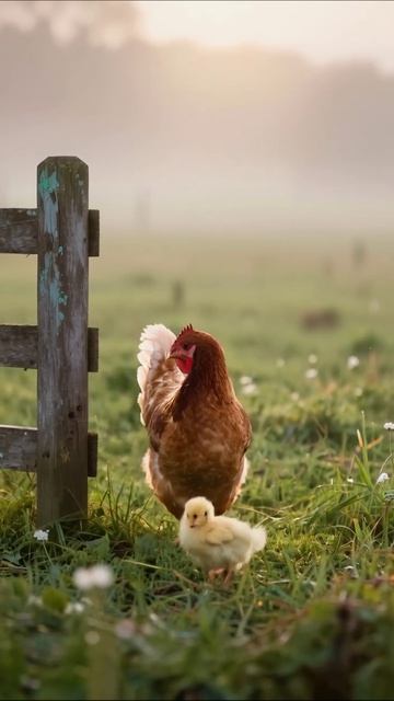 Мать-курица и её цыплёнок в туманном утре #птицы #сельскаяжизнь #природа