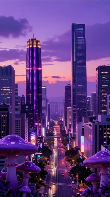 Ночной город с волшебными грибами #город #закат #пейзаж