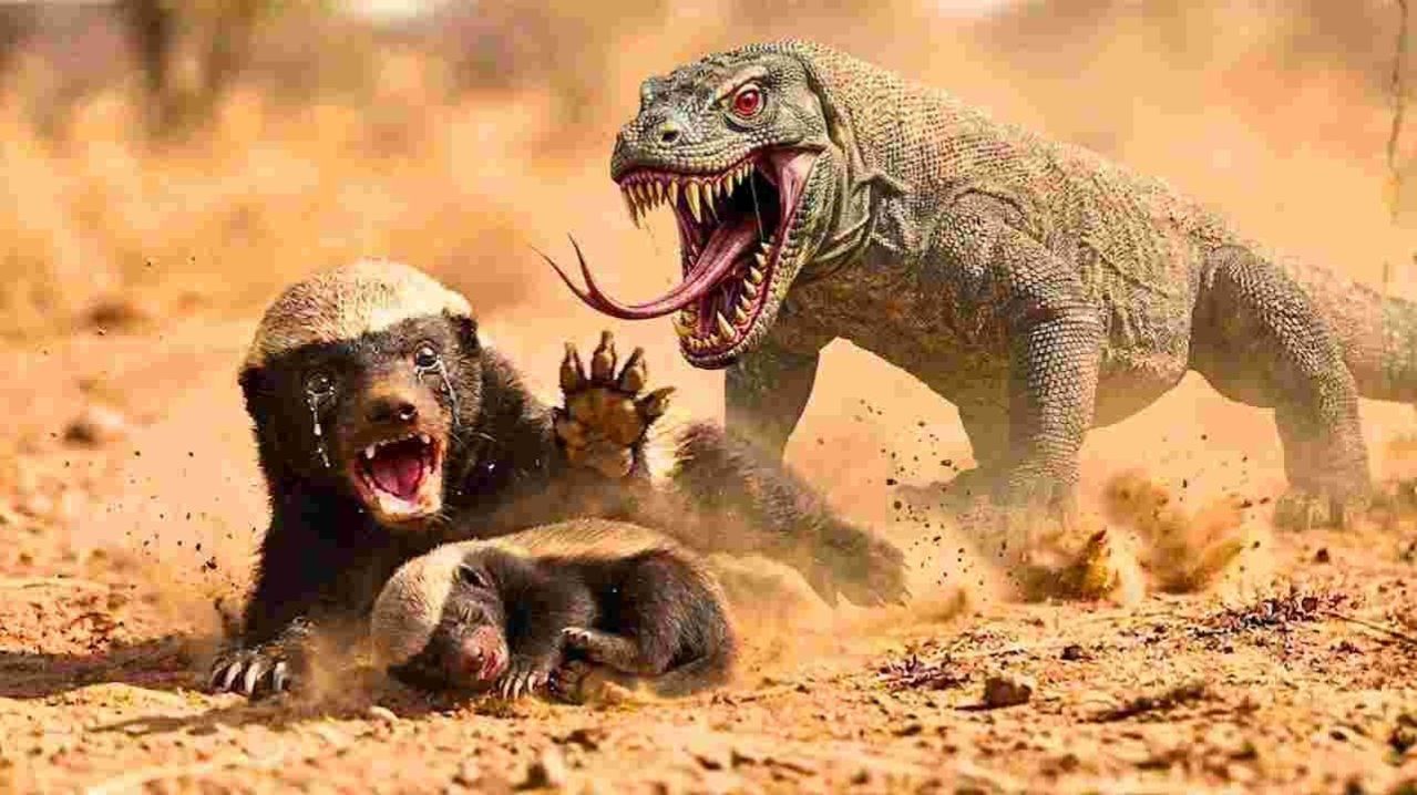 Медоед, оказавшийся на острове Комодо, сталкивается лицом к лицу с самым могущественным зверем