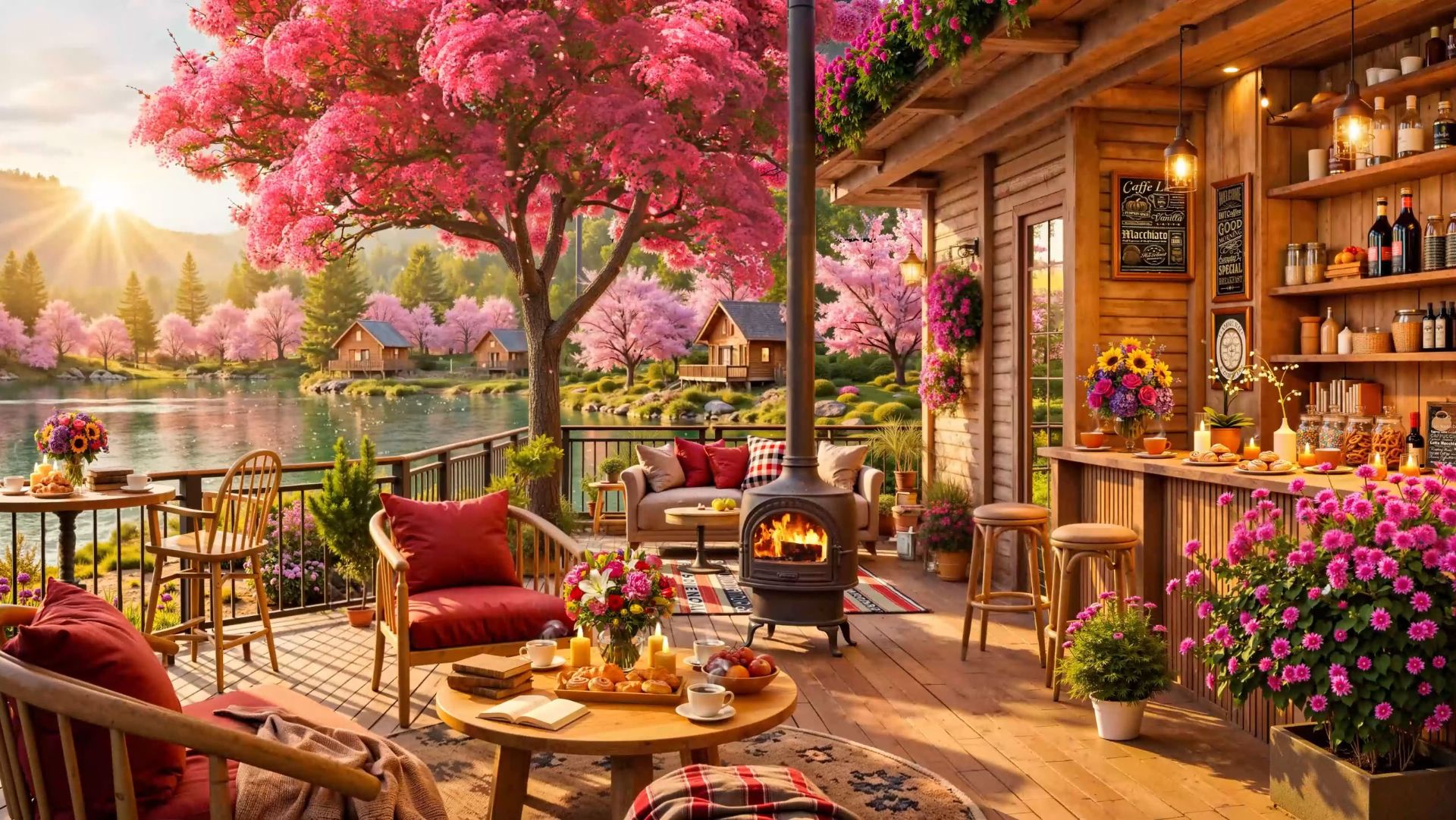 Весеннее утро у озера с камином и уютной кофейной атмосферой 